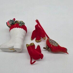 Vintage Blow Mold Christmas Ornament Crafts Flocked Birds White Boot Clip on